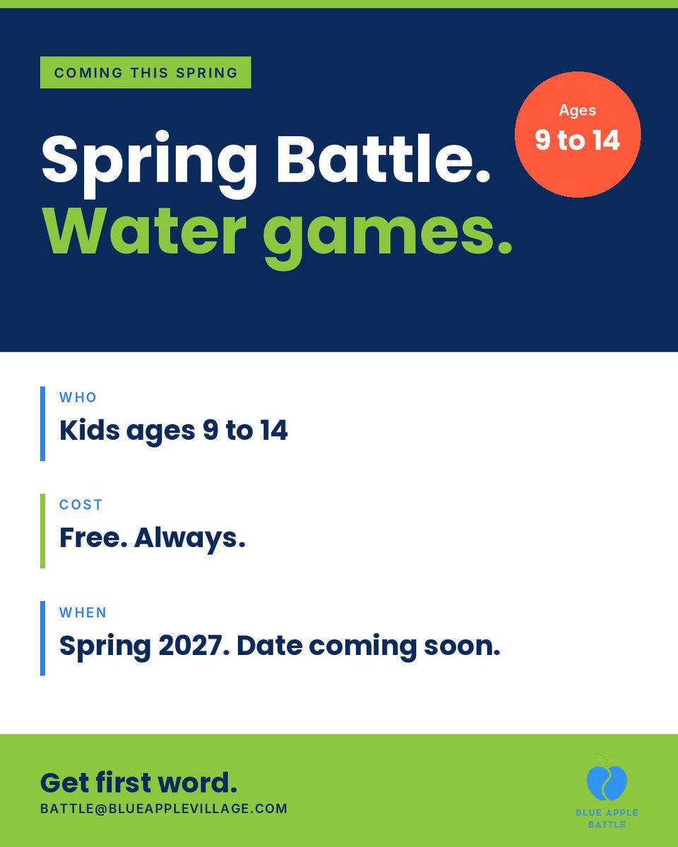 BlueAppleBattle's tweet photo. Spring Battle is coming, with water games. Free for ages 9 to 14. Get first word on the spring Battle: email battle@blueapplevillage.com with SPRING in the subject.

#BlueAppleBattle #ColumbiaSC #SpringBattle https://t.co/SqrJ2BMsQr