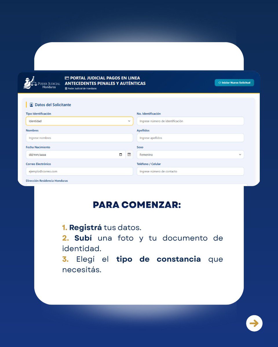 PJdeHonduras's tweet photo. No necesitás  la atención presencial para gestionar tus antecedentes penales. Durante la Semana Morazánica, ingresá al portal, completá tu solicitud y seguí los pasos que te indique el sistema. Antes de enviarla, comprobá que tus datos y tu correo estén correctos.

https://t.co/qTW5Fmjz27

#SemanaMorazánica #AntecedentesPenales #PoderJudicialHN