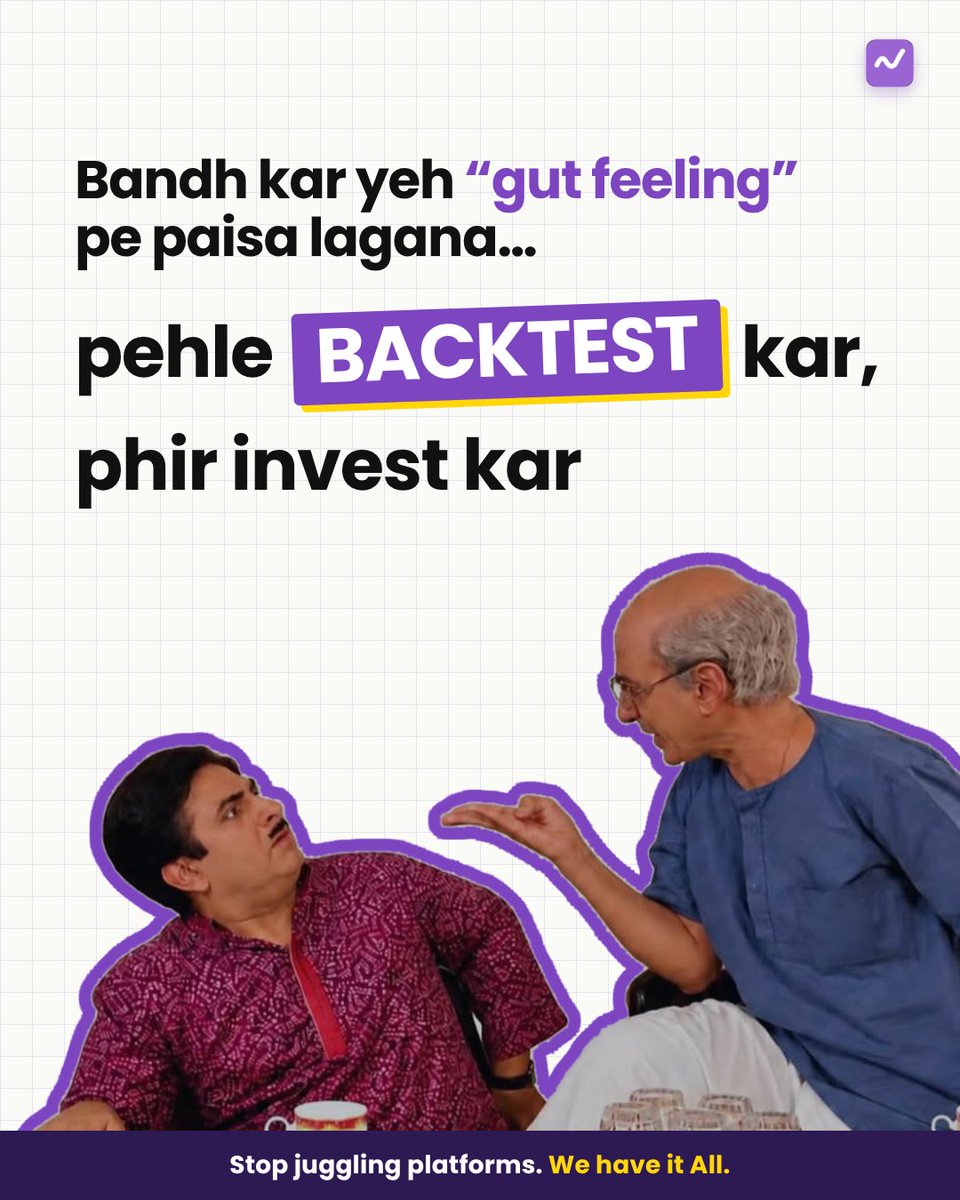 StockBazaarHQ's tweet photo. Champaklal ji is right 😂📉

Gut feeling? Band karo. Backtest first, invest smarter!

Backtesting, Smart Scans, Strategy Builder &amp; Simulator. All in one place.

Stop juggling platforms. We have it all.

#StockBazaar #StockMarketIndia #TradingTips #Backtesting #StockMarket https://t.co/qggnpDEbHh