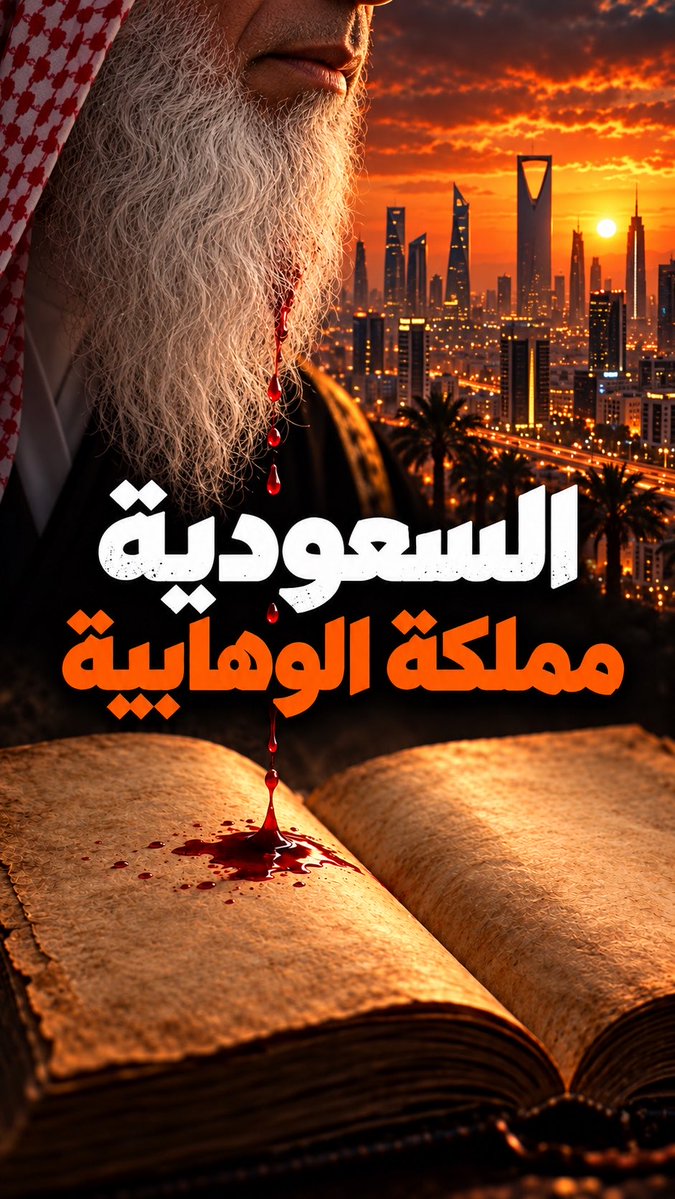 A dramatic poster design featuring the lower face of an older man with a white beard wearing a red and white checkered keffiyeh, blood dripping from his beard onto an open ancient book, with a modern Saudi Arabian city skyline at sunset in the background. Arabic text reads 'السعودية مملكة الوهابية' (Saudi Arabia, the Kingdom of Wahhabism).