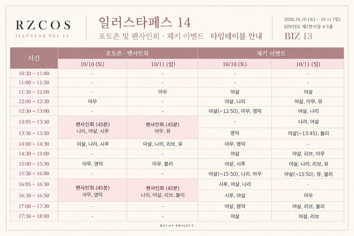 rzcos's tweet photo. 🌸 일러스타페스 14 | RZCOS 부스 타임테이블 안내
이번 주말, 일러스타페스에서 RZCOS와 함께해요! 
포토존 및 팬사인회, 체키 이벤트 타임테이블을 안내드립니다.

모델별 참여 시간과 프로그램은 첨부된 타임테이블을 확인해 주세요.
사진도 찍고, 소중한 추억도 남겨가시길 바랍니다! 📸💕

※ 주아님의 일정은 행사 당일 별도로 안내드릴 예정입니다.
※ 타임테이블에 비어 있는 시간대에도 부스는 상시 운영될 예정이니 편하게 방문해 주세요!
※ 현장 상황에 따라 일정이 일부 약간 변경될 수 있습니다.

RZCOS 부스에서 만나요! 🙂