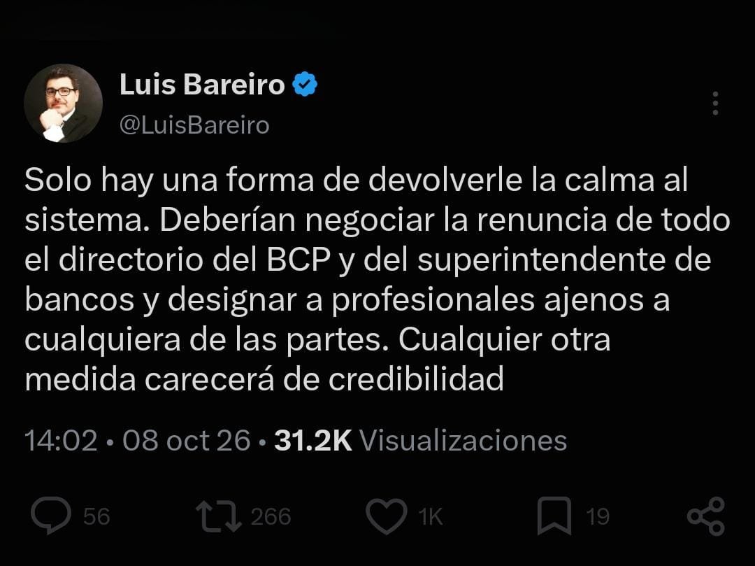 Rocio_La_Negra's tweet photo. Qué valiente. Qué republicano. Qué independiente. 
Solo una preguntita, Luis: ¿Dónde estabas con esa misma vara y esa misma indignación cuando José Cantero — que venía de Interfisa — cajoneó un expediente de sumario que lo involucraba directamente, hasta hacerlo prescribir por el paso del tiempo? ¿Pediste ahí la renuncia de todo el Directorio? No. Silencio.

¿Dónde estaba tu pedido de "profesionales ajenos a cualquiera de las partes" durante los 5 años del gobierno de Mario Abdo Benítez, cuando el que "manejaba" el Banco Central del Paraguay a control remoto era Alberto Acosta Garbarino? 
Ese mismo señor que hoy vos amplificás cuando pontifica de ética y moral. Ahí no había nada anti-ético, ¿verdad? Ahí el @BCP_PY  era una joya. Porque el dato es de público conocimiento: Acosta Garbarino manejaba a José Cantero y a Humberto Colmán. Les "daba órdenes". 

Y para cerrar el círculo perfecto de la hipocresía que hoy querés vender como "calma al sistema", el broche de oro de la puerta giratoria: Después de 5 años de "responderle" directamente a Acosta Garbarino desde el Directorio del BCP, Humberto Colmán ahora es su empleado en DENDE y en Investor — una entidad regulada por el mismo BCP que él integraba. Eso sí era un conflicto de interés grosero. Eso sí era captura. Y ahí, Luis, no vimos un solo tuit tuyo pidiendo la cabeza de nadie.

Hoy pedís descabezar todo el BCP por un sumario administrativo abierto — sin sanción firme — a Ueno Bank. Un trámite habitual que el propio BCP informó al Congreso en sobre cerrado. Ayer callaste ante el cajoneo de un sumario propio para hacerlo prescribir, ante la captura del BCP por 5 años y ante la puerta giratoria más obscena del sistema. No es por la calma del sistema, Luis. Es por la imposibilidad de seguir controlando las instituciones como las controlaban en el gobierno de Abdo. Coherencia, no militancia.