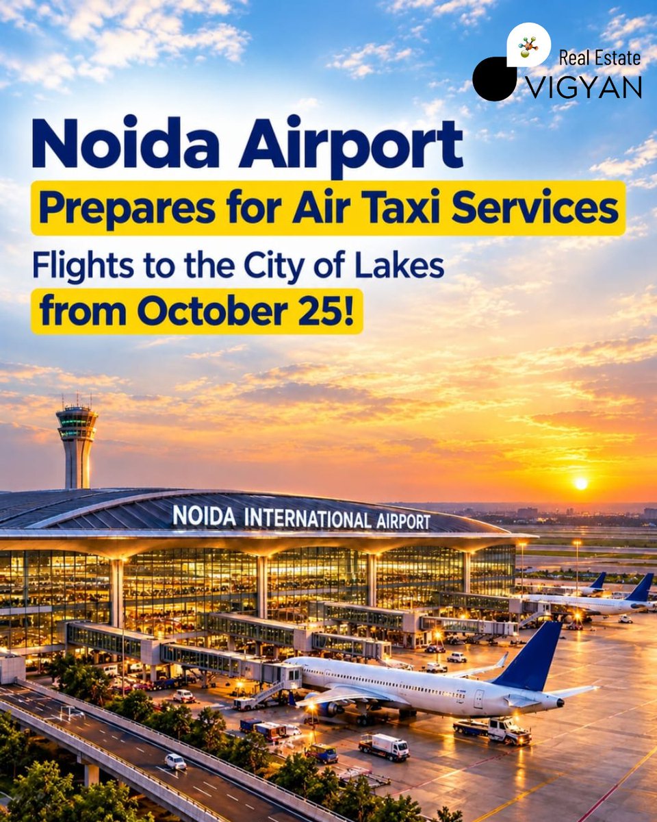 RealVigyan's tweet photo. Noida International Airport is preparing for electric air taxis!

YIAPL and The ePlane Company have signed an MoU to develop infrastructure for e200X electric aircraft operations, subject to regulatory approvals. https://t.co/eiizb5Tj5t