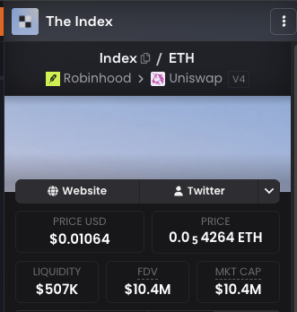 yngganzer's tweet photo. you can say whatever you want, for me there's no scenario where Robinhood doesn't work with $INDEX for a proper infrastructure.

if I'm wrong I don't care, I will die with this conviction, vision is way too clear to fade.

first RWA mover and the only RWA project followed by Vlad (3 months ago), best way to boost your chain is working and supporting established projects who keep shipping.

was here at 4, 15, 74M.

will be here at 100, 200, 500M.
