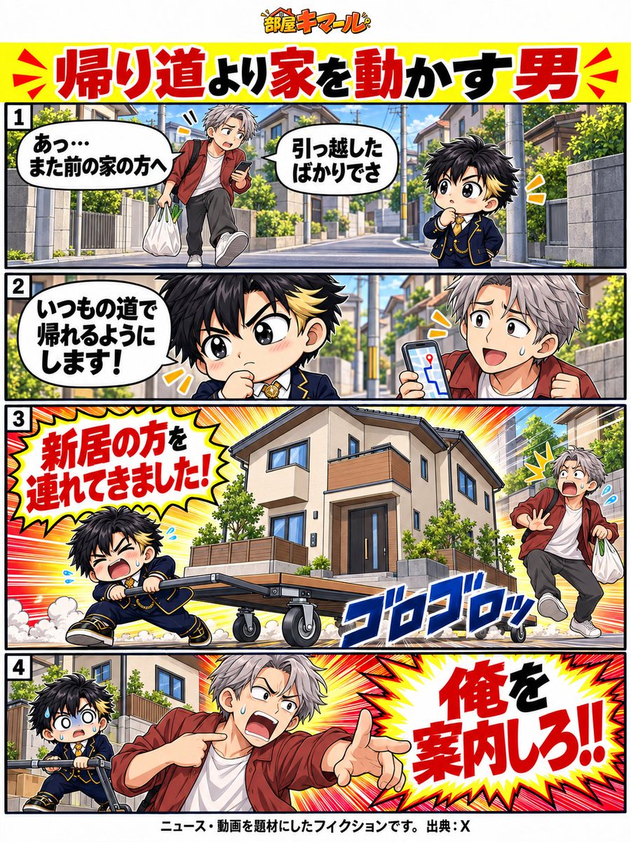 heyakimeru's tweet photo. 住所は変わった。帰り道のクセは、まだ前の家。

慣れるまで少し迷う話を、キマールは「住まい側の問題」と受け取ったようです。

※投稿を題材にしたフィクションです。
題材：https://t.co/qVliiSB4k6
#部屋キマール #不動産漫画 https://t.co/SDhBLGjkmp