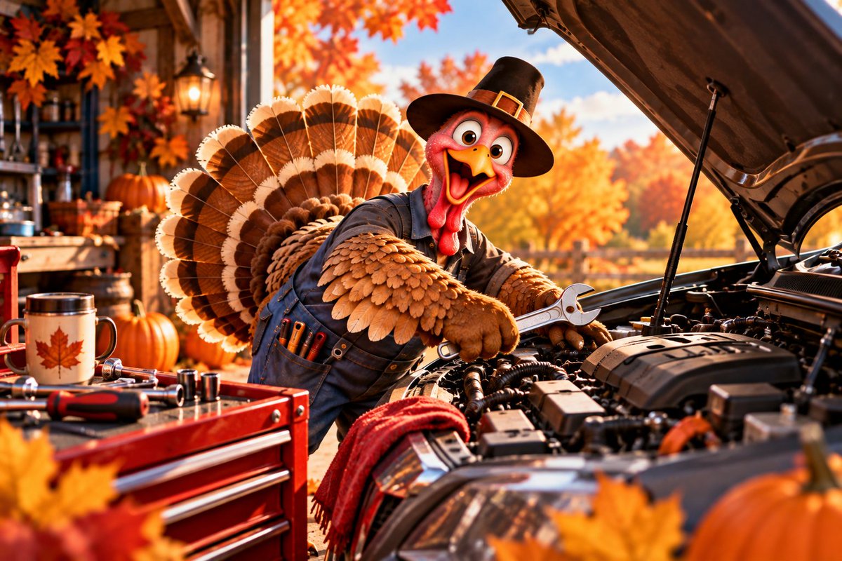 RightWayAutoHam's tweet photo. 🦃 Happy Thanksgiving from all of us at Right Way Auto Repair! 🍂
Our turkey mechanic offered to cover the holiday shift, but we decided everyone deserves Thanksgiving off. 😂🔧 We’ll be closed Monday, Oct 12, and back Tuesday, Oct 13, ready to get those wrenches turning again. https://t.co/Mqfy1SQKTH