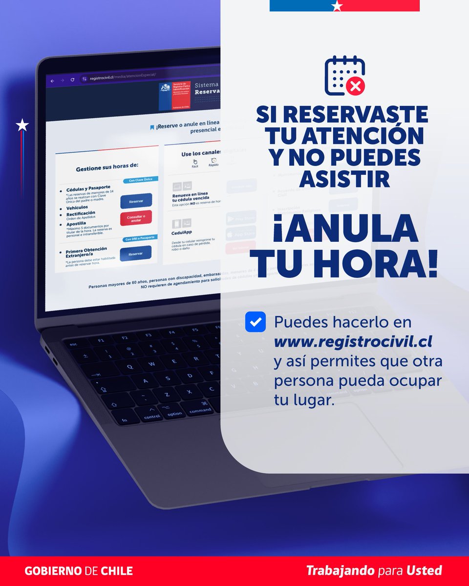 RCivil_Tarapaca's tweet photo. ¿No podrás asistir a tu cita agendada? Cancélala en https://t.co/YwnG21vNHd 💻🇨🇱

Te toma un par de minutos y le permite a otra persona aprovechar ese cupo para su trámite. 🤝

¡Optimicemos el tiempo entre todos! 💙 https://t.co/Pf9A6GR9Ja