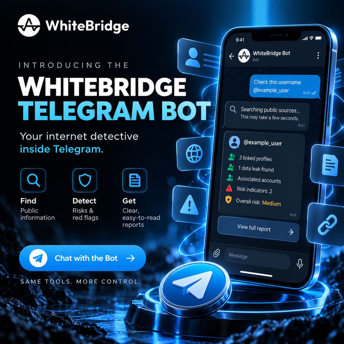 AiWhitebridge's tweet photo. Your internet detective is on Telegram. 🔎

One clue can reveal more than you think.

A phone number, email, Telegram username or social profile – our WhiteBridge Telegram Bot searches publicly available information, connects possible matches and organizes the findings into one clear report.

We'll share some more soon! 🚀