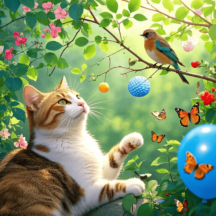 Thing_r8n's tweet photo. [El gato pasea por el jardín mientras flota una mariposa, el sol calienta el aire y la vida se siente tranquila]， https://t.co/jfwsOcM2Mw