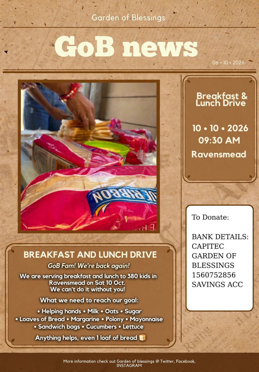 GBl3ssings's tweet photo. Twitter fam,

We are in desperate need of 25 loaves of bread for tomorrow's breakfast and lunch drive, could 25 of you please donate just one loaf please? I should be fine with everything else 💚 https://t.co/bU4OUrzse4