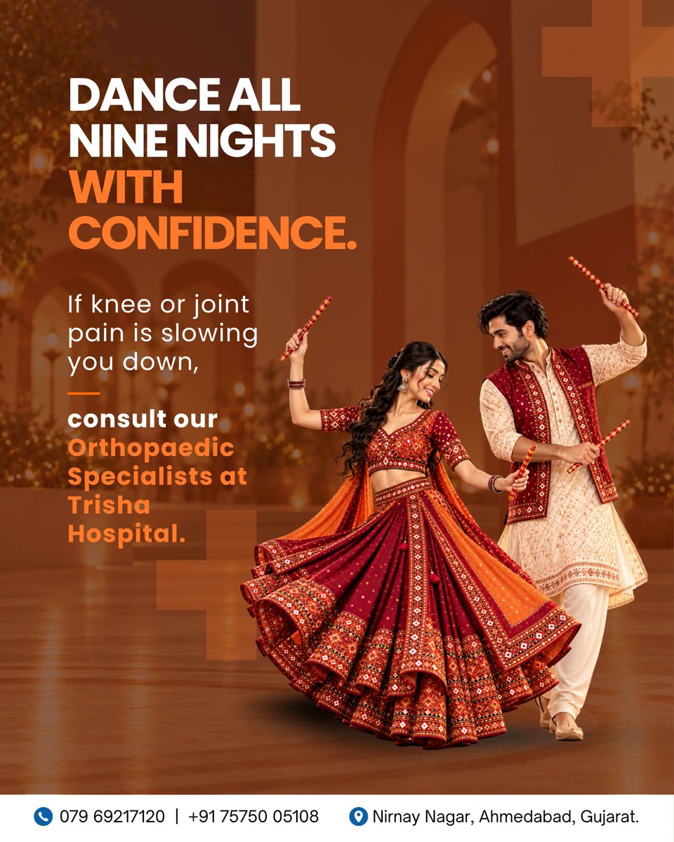 TrishaHospital's tweet photo. Navratri is calling! 💃 Before you perfect your Garba moves, make sure your body is ready too.
Warm up, strengthen your knees, stay hydrated, and don’t ignore joint pain. Get ready to dance through all nine nights with confidence!
#TrishaHospital #GarbaSeason #KneeHealth https://t.co/GmDSeDyUYV