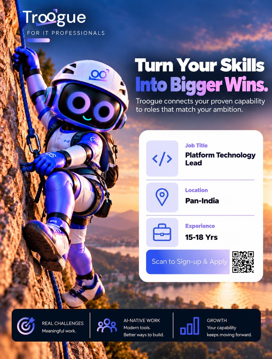 troogue's tweet photo. One of our enterprise partners is hiring: Platform Technology Lead

📍 Pan-India | 💼 15-18 yrs

Scan the QR code or 

Sign up &amp; Apply here 👉 https://t.co/IKXpcD0nF5

#Hiring #PlatformEngineering #ITJobs #Troogue https://t.co/wQ0uOC0dwk