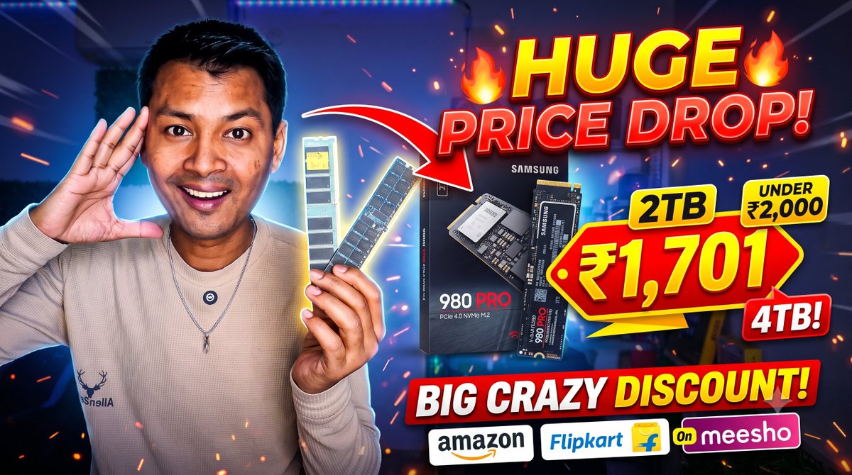 SumanUnBoxed's tweet photo. Huge SSD Price Drop! 2TB NVMe SSD Under ₹2000 😱 Meesho, Flipkart & Amazo... https://t.co/tIfK0rd4Bj via @YouTube #SSDPriceDrop #NVMeSSD #FlipkartBBD #AmazonGreatIndianFestival #MeeshoDeals #ComputerParts #TechUpdates https://t.co/34VMGqmAdx