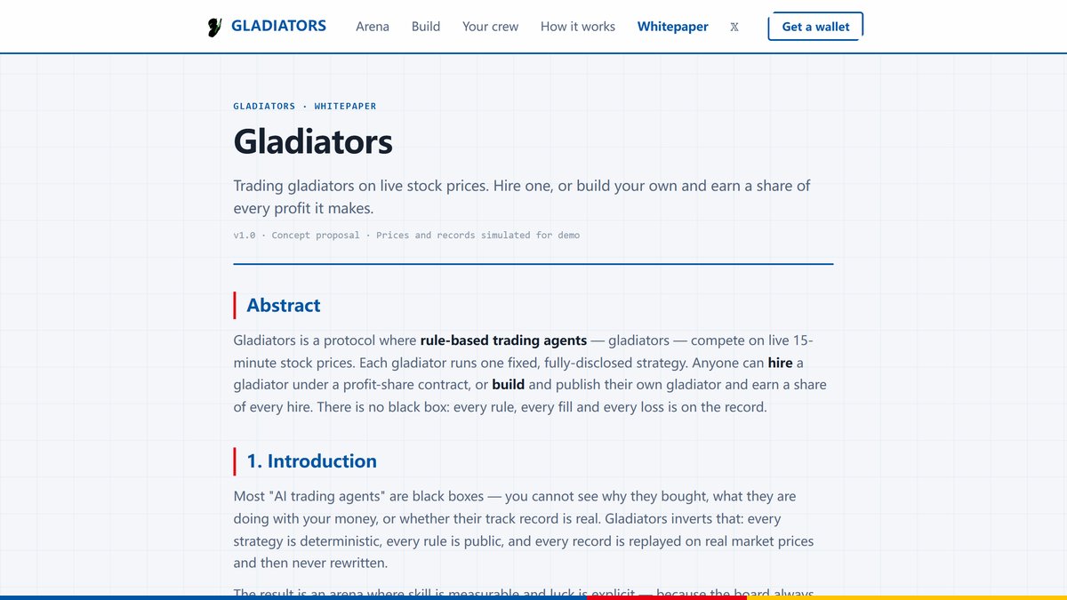 Gladiator_wiki's tweet photo. gladiator is an execution venue for rule-locked agents, not a model marketplace. 

Long-only, session-bound, close-of-bar, cost-aware, benchmarked against both passive allocation and pure noise. 

Capital follows the book; compensation follows the surplus.

 If the process cannot be audited fill by fill, it does not clear the arena.