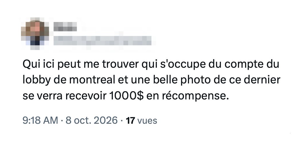 lobbymontreal's tweet photo. La gagagne de Mauvais Live — qui cherche à m'identifier depuis 5 ans — en est rendue à offrir une récompense monétaire. 

1000$, c'est un peu BS ...

On leur part un gofundme? 🤓 https://t.co/uy7WJqlVJn