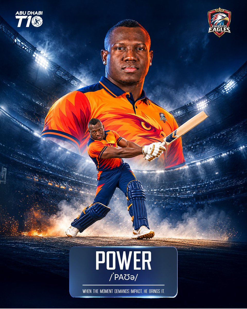 EmiratesEagles's tweet photo. If power had a face, it would be Rovman Powell. 💥🦅

Big hits. Raw strength. Fearless intent.

He doesn’t just bring power to the crease. He is the literal definition of power.

And now, that power wears the Emirates Eagles colours.

#EmiratesEagles #AbuDhabiT10 #RovmanPowell https://t.co/XQLx8QOVqh