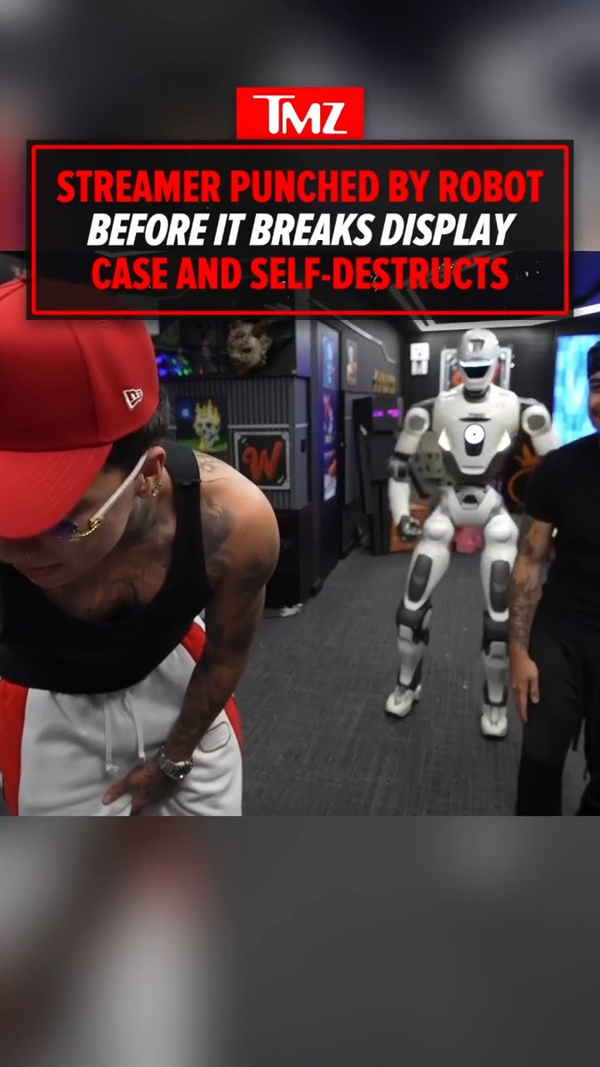 A TMZ headline reads "STREAMER PUNCHED BY ROBOT BEFORE IT BREAKS DISPLAY CASE AND SELF-DESTRUCTS," showing YouTuber Westcol reacting in pain as a white humanoid robot stands behind him in an arcade-like setting. The image captures the moment after the alleged punch, with the streamer bent over in apparent discomfort while the robot looms in the background.