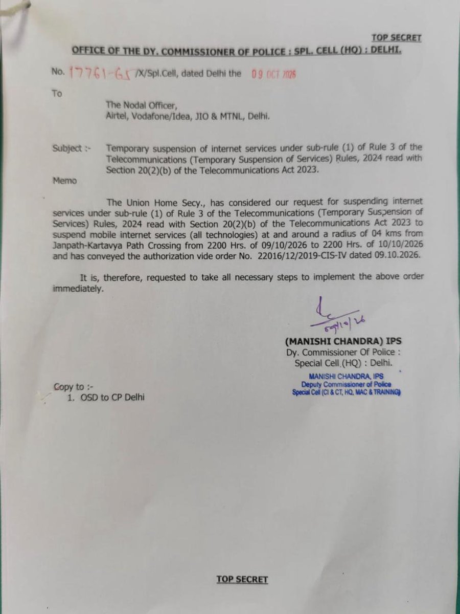 MalikTutorial's tweet photo. Internet services suspended within a 4-km radius in New Delhi. The Ministry of Home Affairs has approved the temporary suspension of internet services. Internet services will remain suspended within a 4-kilometer radius around the Janpath–Kartavya Path crossing.S #Genz https://t.co/4ol5pWO4x0