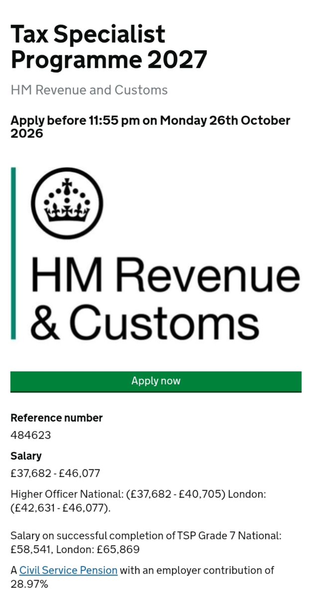 Egooshift's tweet photo. 🚨 HMRC is recruiting 500 people for its Tax Specialist Programme 2027, with salaries reaching £65,869!

Looking for a permanent UK Civil Service career? This opportunity is worth checking out! 👇

🔹 Salary: £37,682–£46,077 initially
🔹 After training: Up to £65,869 at Grade 7
🔹 Vacancies: 500
🔹 Contract: Permanent
🔹 Locations: 14 UK locations, including London, Manchester, Birmingham, Liverpool & Glasgow
🔹 Requirements: Minimum 2:2 degree or eligible Civil Servant

 No previous tax experience required

🔹 Deadline: 26 October 2026

You'll receive structured training, handle real tax cases and develop skills for a specialist career with HMRC.

👉 Full details + apply:
https://t.co/F9nHuGzLsh

Share • Repost • Retweet for a UK-based applicant looking for opportunities.