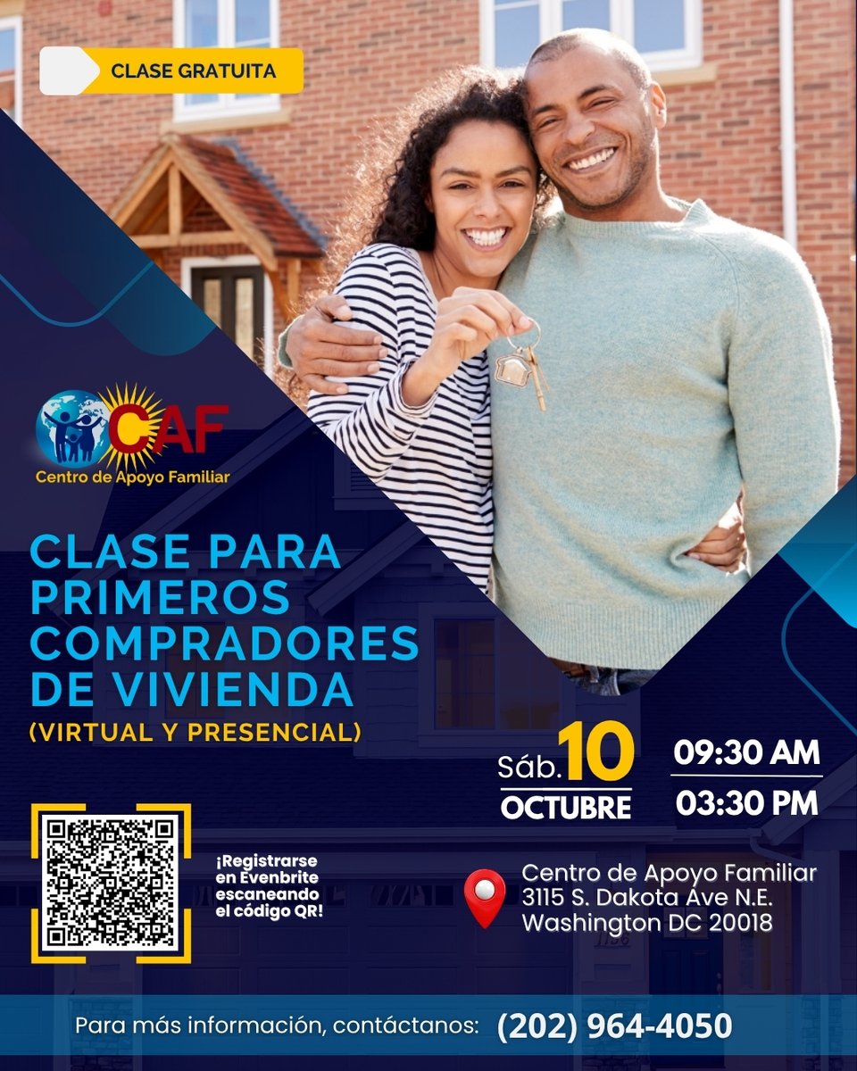 DCDHCD's tweet photo. ¡Aprende cómo comprar tu primera casa en D.C.! ✨ Únete a nuestra clase gratuita para compradores de vivienda por primera vez (100% en español). Descubre los pasos para comprar, los requisitos y los incentivos disponibles. https://t.co/RgHplxp5I2