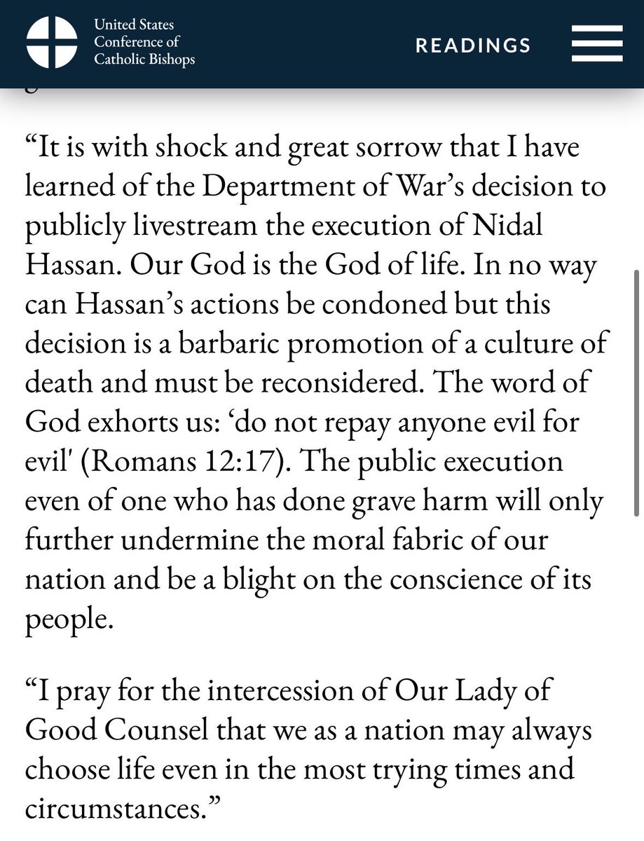 jackmjenkins's tweet photo. NEW: The head of the U.S. Conference of Catholic Bishops has issued a statement firmly condemning plans to livestream the execution of Nidal Malik Hasan.

Archbishop Paul Coakley calls the decision “a barbaric promotion of a culture of death and must be reconsidered.” https://t.co/ozCt44qayA