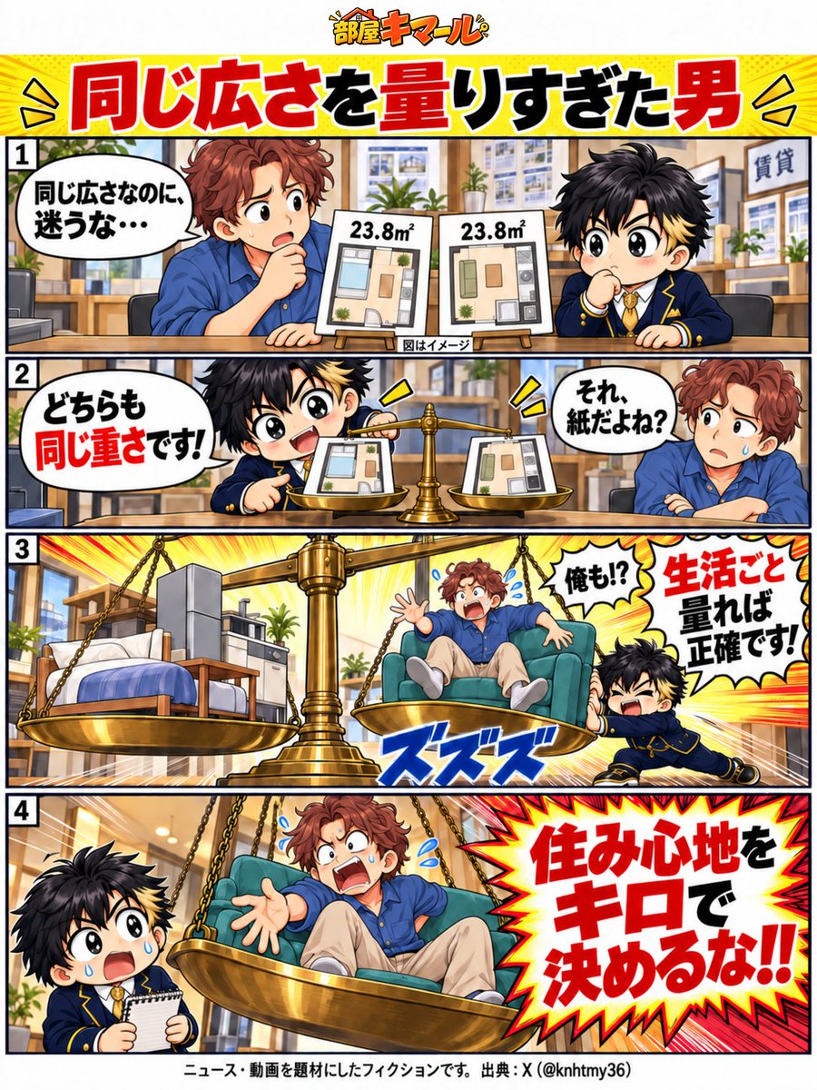 heyakimeru's tweet photo. 同じ23.8㎡。なのに、暮らし方はひとつじゃない。

迷う人のためにキマールが持ち出したのは、まさかの比較道具。

※投稿を題材にしたフィクションです。
題材：https://t.co/aENdjXv2y3
#部屋キマール #不動産漫画 https://t.co/Mtg2Hr87W2