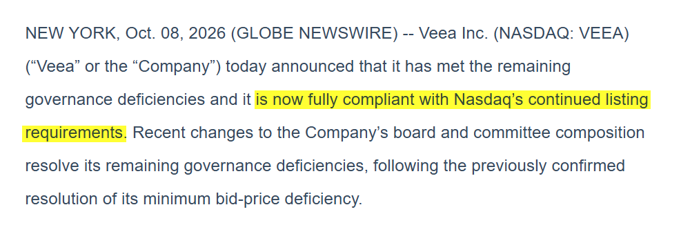 MicrocapEngine's tweet photo. $VEEA is a good example of why Nasdaq compliance ≠ capital-structure cleanup.

On Oct 8, Veea announced full compliance with Nasdaq's continued listing requirements. But the filings reveal several separate event states.

1. NASDAQ COMPLIANCE
The bid-price issue was resolved Sep 15, following a 1-for-20 reverse split effective Aug 28. The Oct 8 announcement resolved the remaining governance deficiencies.
Bid-price compliance = RESTORED
Governance compliance = RESTORED
Reverse split = COMPLETED
Capital raised directly by these actions = $0

2. ATM FINANCING
An Aug 13 SEC filing disclosed an ATM agreement with Roth Capital for up to $4.353M in common stock.
ATM agreement signed = YES
Full $4.353M sold = NOT ESTABLISHED
Remaining capacity = REQUIRES VERIFICATION
Nasdaq compliance does not automatically terminate an ATM. Financing capacity ≠ actual shares issued.

3. WHITE LION WARRANTS
The August 10-Q disclosed cancellation of warrants tied to the first three White Lion note closings. But Veea also issued 1,958,479 common shares under the waiver agreement (pre-reverse-split).
Specified warrants cancelled = YES
Other warrants = SEPARATE STATUS
Common shares issued = YES
Warrant cancellation ≠ dilution eliminated.

4. LIQUIDITY
As of June 30, Veea reported ~$1.9M cash, $14.5M debt and $11.12M operating cash used in H1 2026. Historical figures, but important context for evaluating financing risk.

THE TAKEAWAY
A point-in-time model must track Nasdaq compliance, reverse splits, ATM capacity vs. actual sales, warrant cancellations and shares issued as distinct states.
A compliance headline changes listing status—not necessarily equity supply.

After a Nasdaq compliance announcement, what would you verify first: ATM sales, convertible exposure or post-split share count?