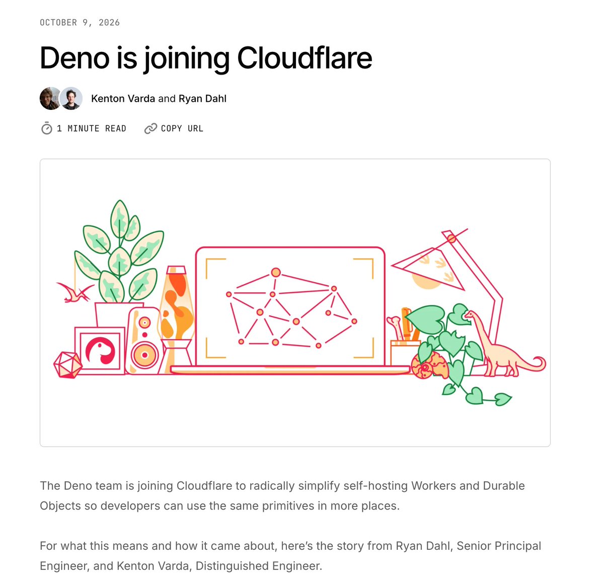 Blog post titled "Deno is joining Cloudflare" with an illustration of a laptop with a plant and dinosaur on the desk.