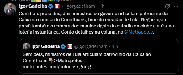 CentralFlaNacao's tweet photo. "LOTERIA INSTANTÂNEA" 

O mesmo governo que PROIBIU AS BETS tá indo atrás de um patrocínio para o Corinthians, compra do naming rights do estádio do Corinthians e uma LOTERIA instantânea para o Corinthians. 

Parabéns aos envolvidos que apoiam esse governo. https://t.co/vOWZtnpFgU