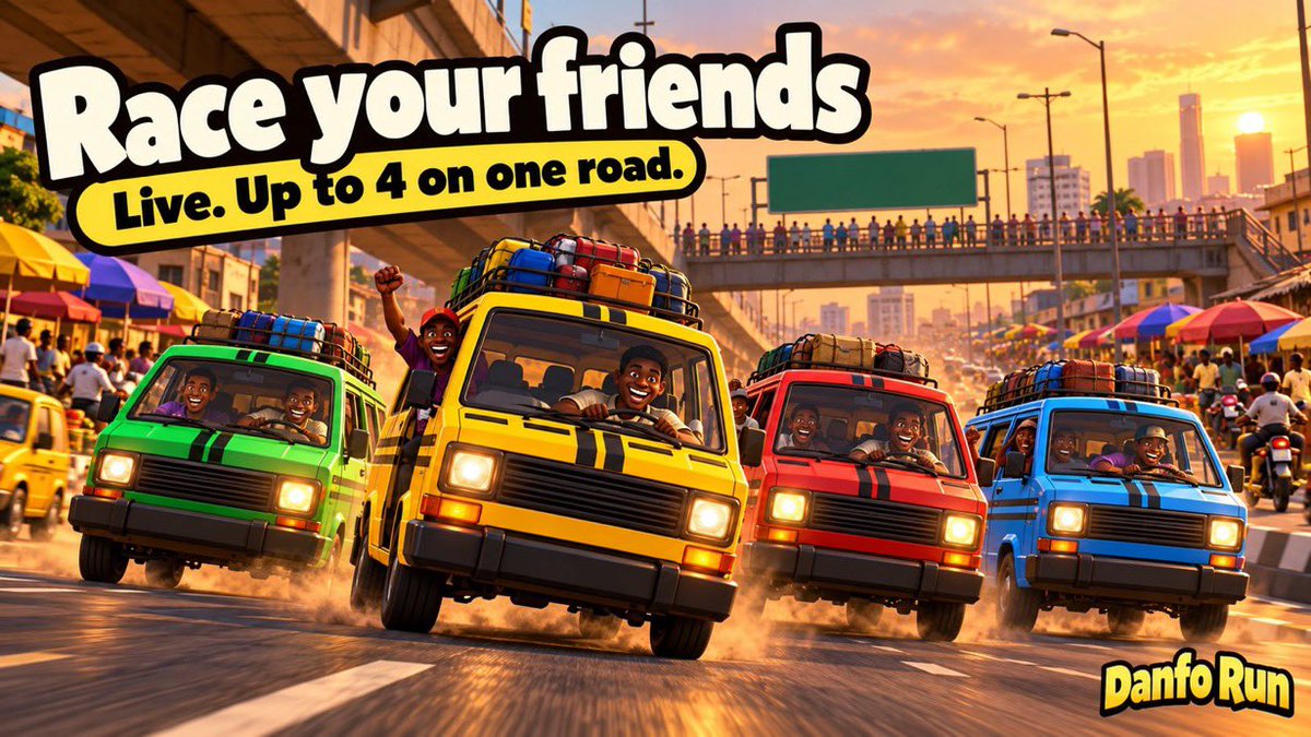 danforun's tweet photo. Your friends think they can drive better than you? Let them prove it!🚌🔥

Danfo Run now lets you race your friends LIVE! Create a room, share the code, get up to 4 drivers on the same Lagos road at once. Or settle one-on-one with a best-of-3 showdown.

 https://t.co/0n3fu84THv https://t.co/eZsO68tguQ