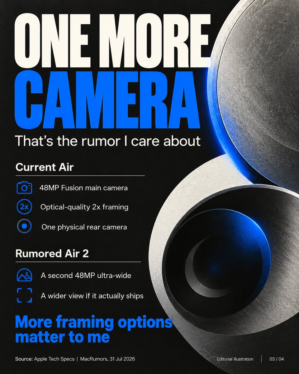 Stitch960718's tweet photo. Six months with iPhone Air
Love the lightness
The camera is the compromise I notice most

Four slides on what Air 2 could change
All Air 2 details are rumors

Sources
Apple: https://t.co/s4o0odI7s9
MacRumors: https://t.co/0dc4cJhDJO
Conflicting chip report: https://t.co/Ex2VSccfPP

#iPhoneAir #iPhoneAir2 #Apple