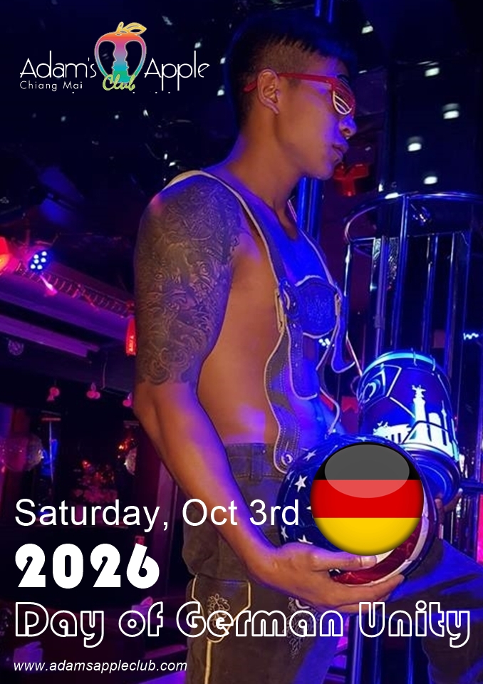 BarChiangMai's tweet photo. 🇩🇪 Celebrate German Unity Day at Adam’s Apple Club #ChiangMai! Join us tomorrow (Sat, Oct 3, 2026) for an unforgettable night. Raise a glass with a hearty "Prost!" 🍻
⏰ Doors open 9 PM
 🎟️ FREE Admission!
#ChiangMaiNightlife #GermanUnityDay #Prost https://t.co/mjHoL5VcYk