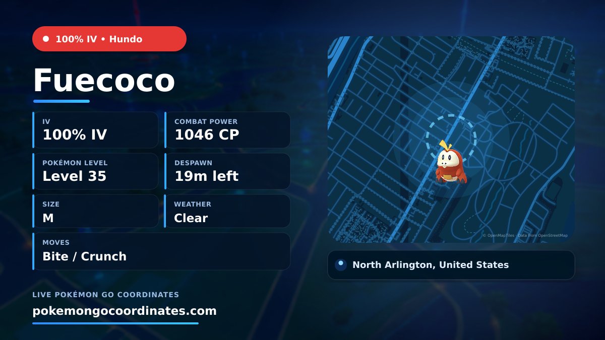 CoordsPokemonGo's tweet photo. Maxed #Fuecoco Wild Spawn
💯 100% IV • 1046 WP • Level 35 • Size M
Moves: Bite/Crunch
Weather: Clear
🇺🇸 North Arlington, United States
Despawns in 19 minutes
40.790198,-74.131749

#100IVLevel35 • #CommunityDay https://t.co/wTMj3Fo486