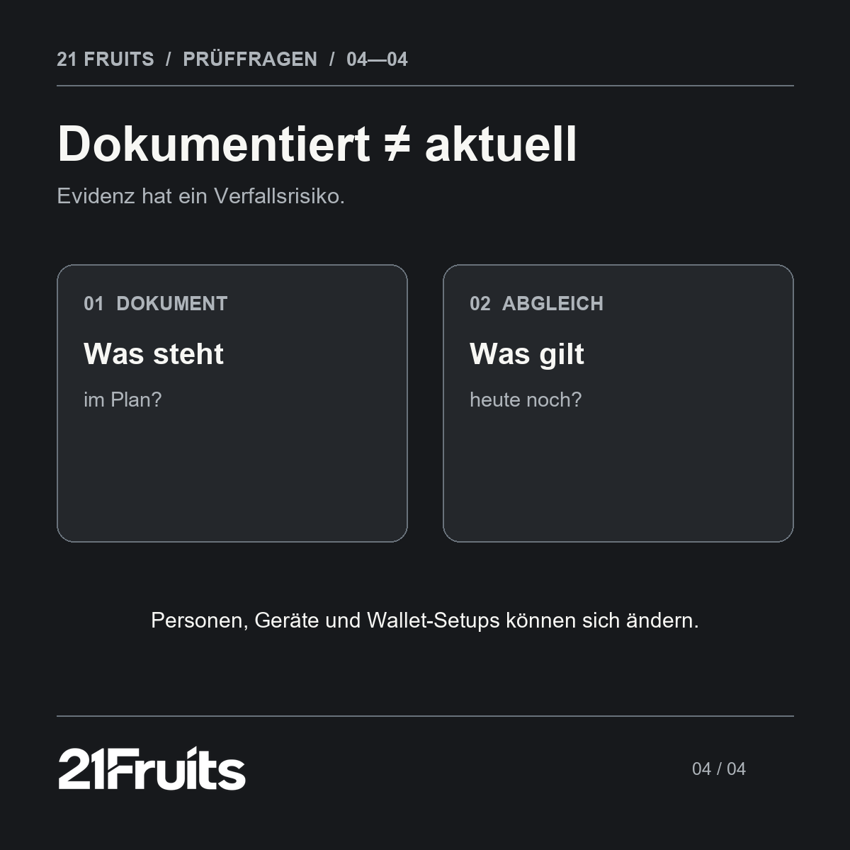 21FruitsBitcoin's tweet photo. Ein Nachfolgeplan kann vollständig dokumentiert und trotzdem überholt sein.

Ein neues Gerät, ein geändertes Wallet-Setup oder eine andere berechtigte Person kann frühere Anweisungen ungültig machen. Deshalb zählt nicht nur, ob ein Dokument existiert, sondern wann es zuletzt mit dem tatsächlichen Zustand abgeglichen und der relevante Weg getestet wurde.

Wenn dieser Nachweis fehlt, ist „unbekannt“ die ehrlichere Sicherheitsbewertung als „bereit“.