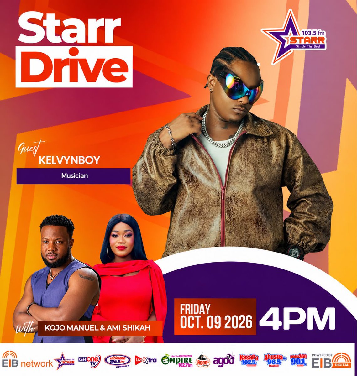 KojoManuel's tweet photo. We got @kelvynboymusic_ on the #starrdrive today! Tune in from 2pm to 5pm.
Letโs vibe ๐ค๐พ https://t.co/UaVtHxAMu2