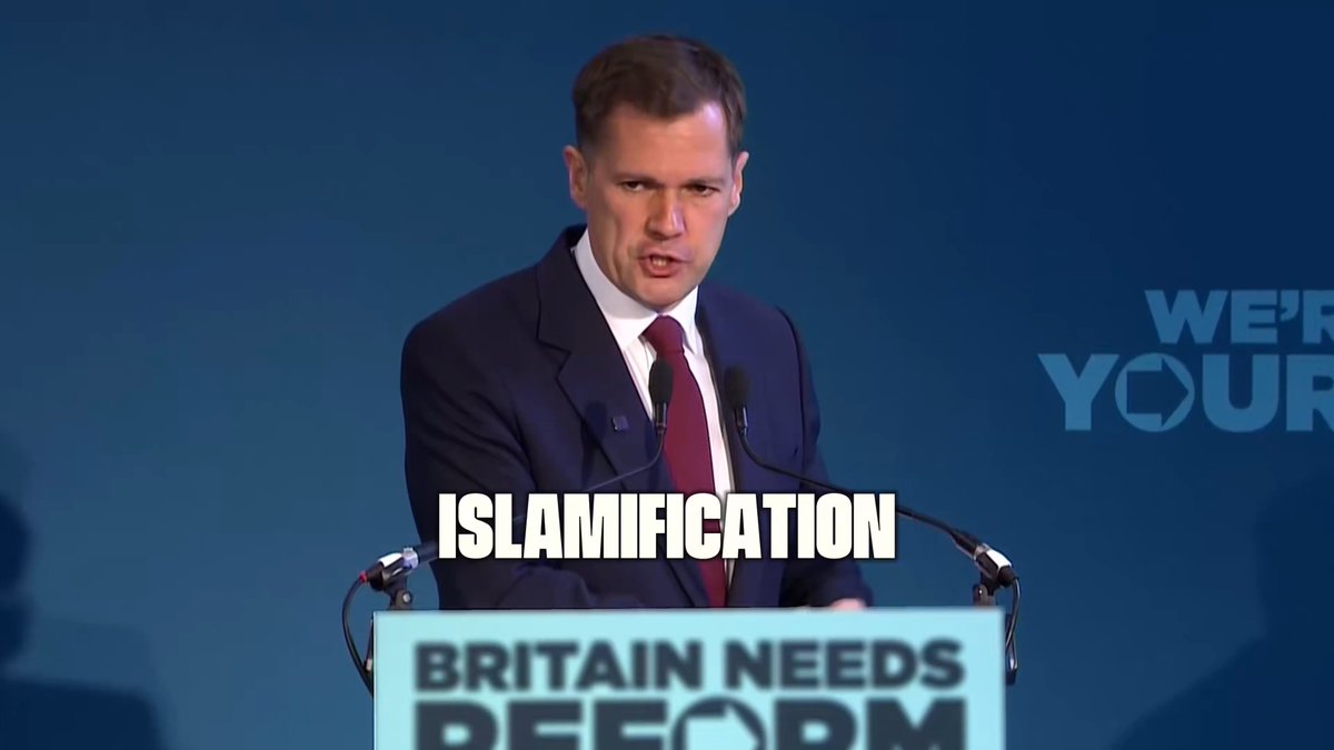 A man in a suit speaks at a podium with 'BRITAIN NEEDS REFORM' on the front; the word 'ISLAMIFICATION' is overlaid in large white text across the image.