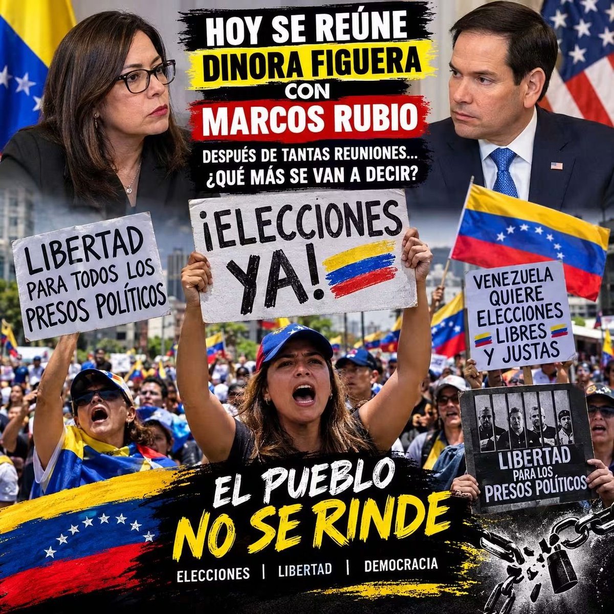 Elizza0606's tweet photo. Queremos elecciones libres y la mesa de tres patas no se le ve nada ,solo darle tiempo al régimen dictador ilegítimo de Delcy @Dinorahfiguera @marcorubio @SecRubio  queremos la habilitación y regreso de María Corina ... https://t.co/WnHQZOR9VP