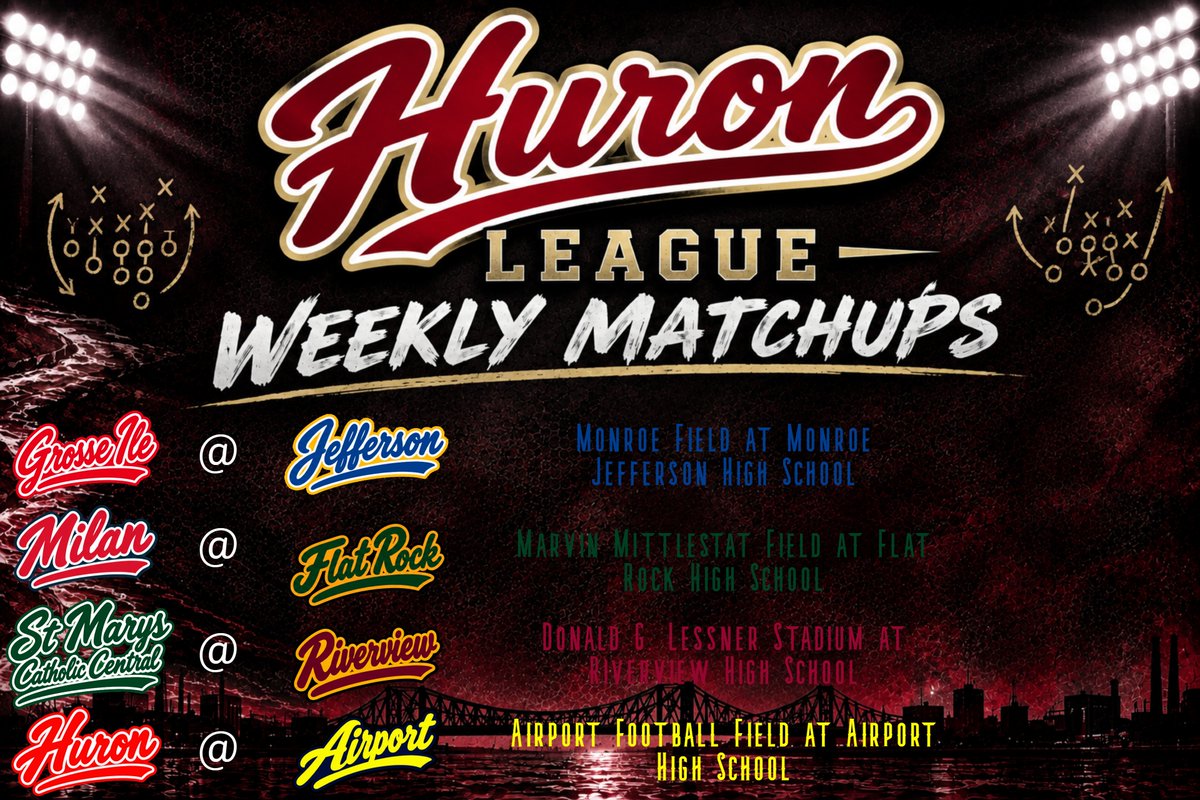MetroPrepNet's tweet photo. Our first Huron League game features #113 @GIRedDevilPride at #37 Monroe Jefferson This is a major opportunity for Grosse Ile as they hit the road to test themselves against a tough, top-40 ranked Jefferson squad. Jefferson’s offense excels at leaning on opponents with physical, methodical drives that wear down defenses by the second half. For Grosse Ile to pull off the road upset, they will need disciplined gap control on defense, eliminate big plays, and capitalize on every scoring chance inside the red zone. Our second Huron League game is #154 @Milan_Athletics at #95 @FR_Athletics A classic Huron League clash with Flat Rock hosting Milan in a game where line play will dictate the tempo. Flat Rock enters as the higher-ranked squad with a balanced attack capable of striking through the air and on the ground. Milan will rely on heavy, hard-nosed offensive sets to keep Flat Rock's playmakers on the sideline and shorten the game through time of possession. Our 3rd game of Huron League action sees #29 @AthleticsSMCC at #76 @RivBucsFootball One of the premier games on the Huron League slate. Monroe St. Mary Catholic Central brings top-30 regional prestige into Riverview, defined by precision execution, disciplined special teams, and a relentless ground attack. Riverview always presents a unique challenge at home with their explosive power-T offensive scheme, meaning defensive discipline and tackling in space will decide which powerhouse stays near the top of the league standings. Our final game of the Huron League Week 7 Matchups sees #86 @NBHuronChiefs at #159 @school_airport New Boston Huron makes the short trip to Carleton Airport in a rivalry match featuring two program styles that know each other inside and out. The #86 ranked Chiefs bring a potent, quick-strike offense that can turn small defensive lapses into long touchdowns. Airport will need to sustain long drives, limit turnovers, and use their home crowd advantage to keep Huron’s playmakers contained. #MichiganHighSchool #HighSchoolFootball #HuronLeague #MHSAA