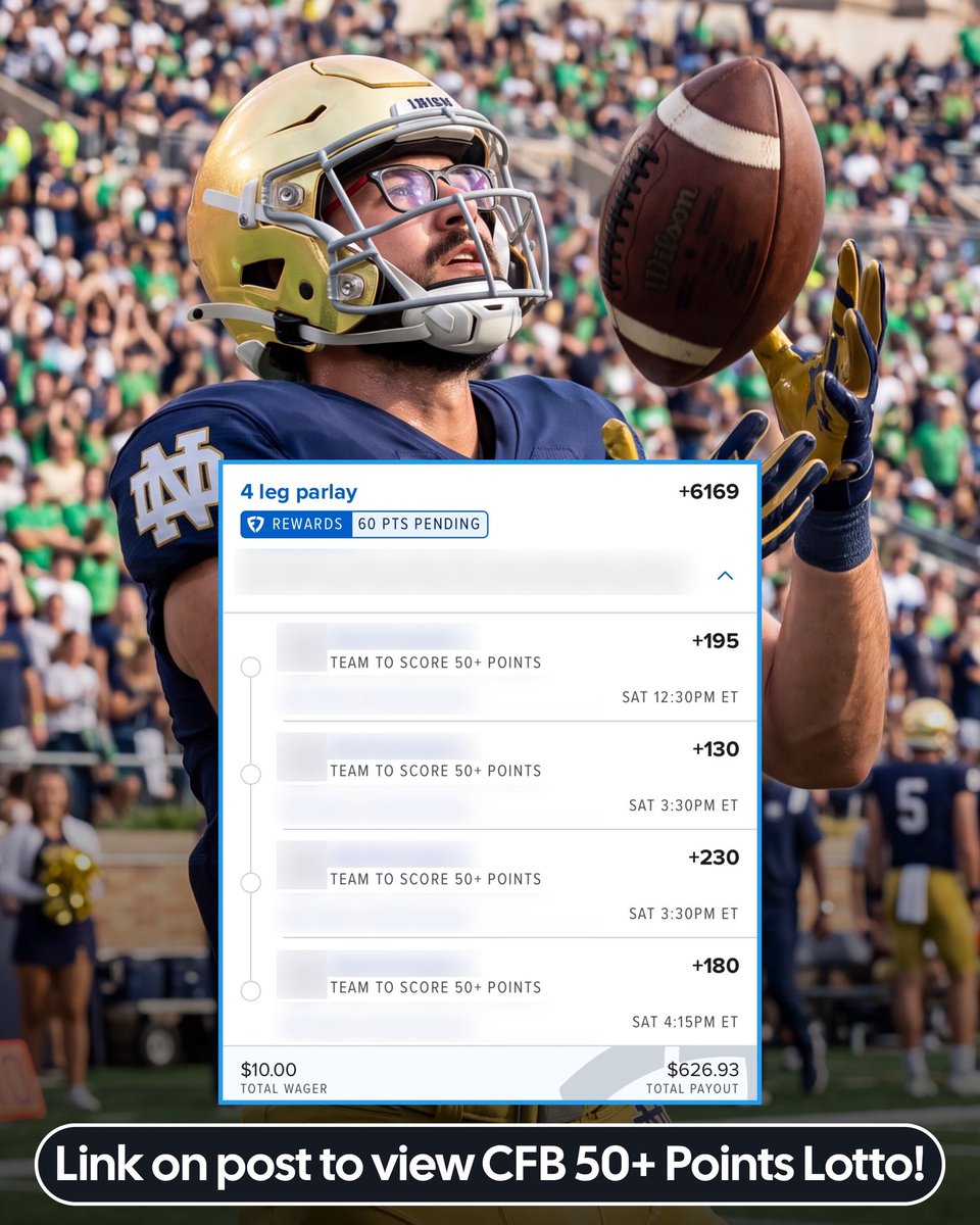 DanGambleAI's tweet photo. 🏈 College Football 50+ Points Lotto

We cashed one of these at +4000…I’ve got my eye on a +6000 now 👀 

👉 View here: https://t.co/EepV7OiLBs

And I’m also trying the ‘To Score In Every Quarter’ Lotto again 🤑

21+, gamble responsibly. https://t.co/d8qg6g94Ar