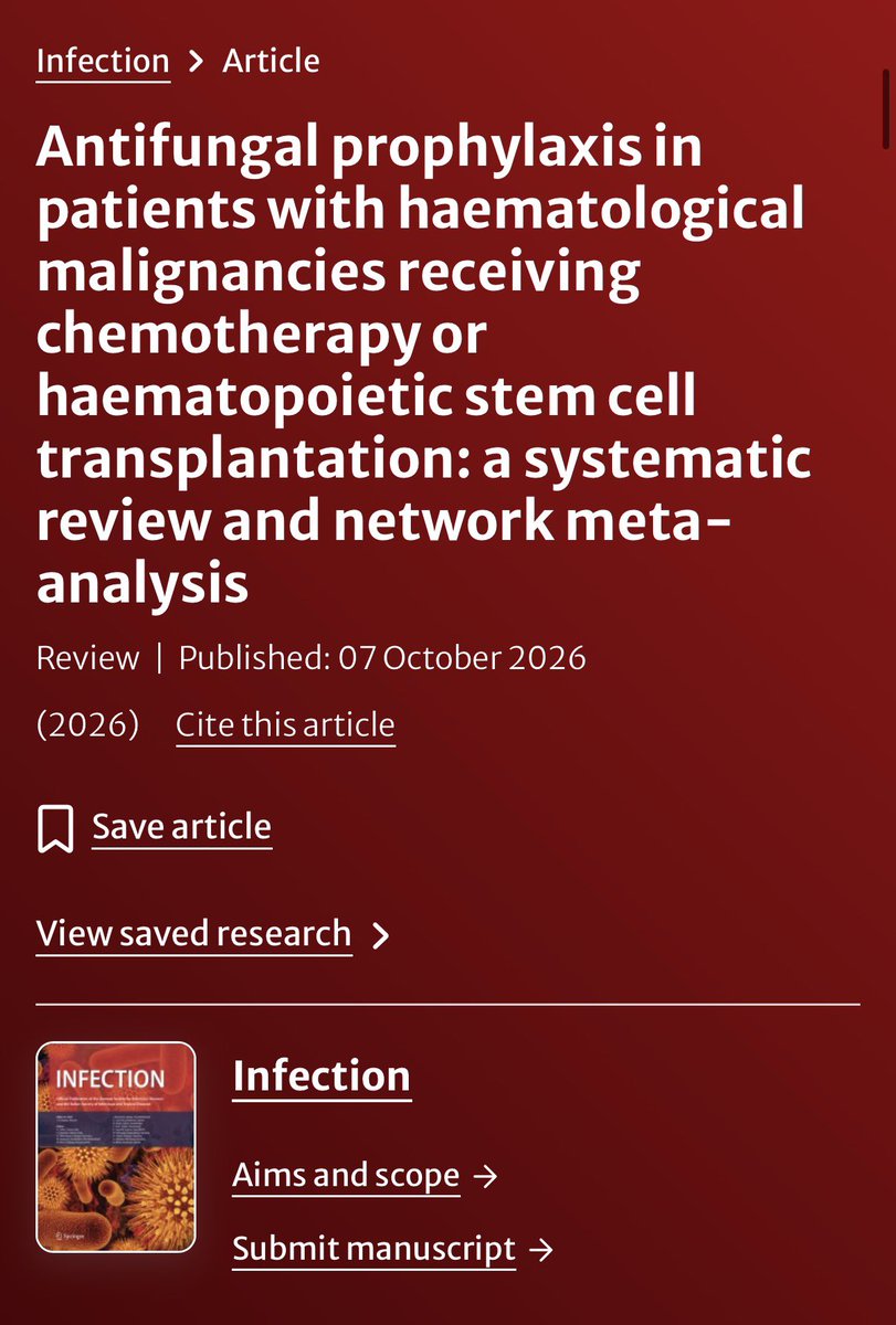 TakaMatsuo_ID's tweet photo. 【Antifungal prophylaxis in heme cancers/HCT】Infection, 2026 Oct

👉 Network meta-analysis of RCTs (21 RCTs)
👉 No regimen was consistently superior across settings and outcomes

https://t.co/683x8vlzgo

#OncoID #HCTID #IDMedEd #IDFellow https://t.co/fp4aVqRpRU