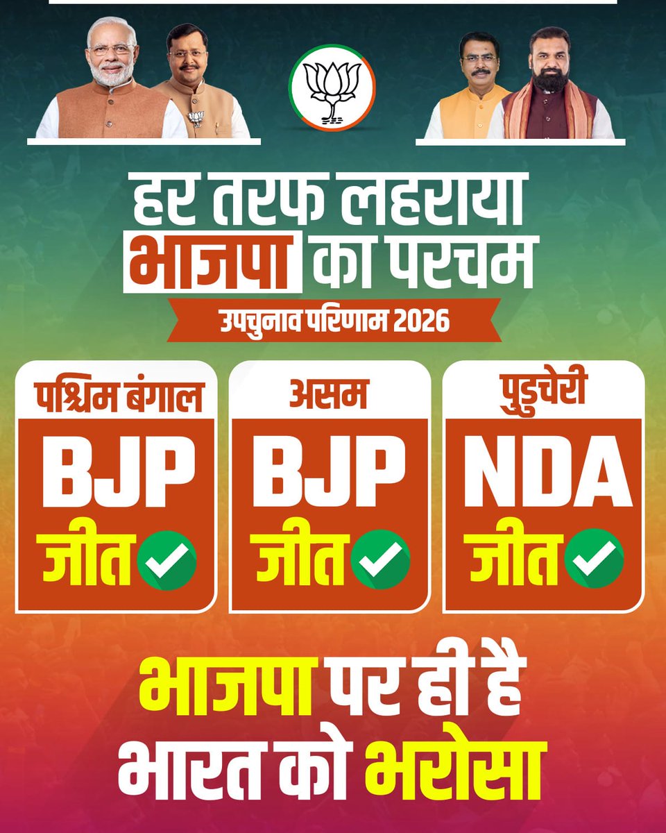 BJP4Bihar's tweet photo. हर तरफ लहराया भाजपा का परचम,
उपचुनाव में गूंजा जनविश्वास का दम! 

विकास की राजनीति पर जनता की मुहर। https://t.co/U9PqBg5deu