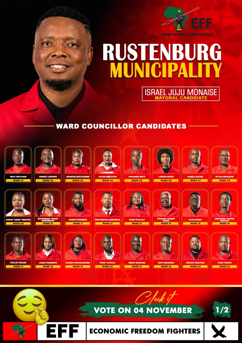 RustenburgEFF's tweet photo. ♦️ Must See ♦️

Rustenburg, know your ward councilor candidates and incoming mayor for the municipality. From ward 1 to ward 45, the EFF has deployed capable leaders who are ready to build a people's municipality.

Rustenburg, here are your leaders.

#VoteEFF2026LGE https://t.co/OPQgOBCpwG