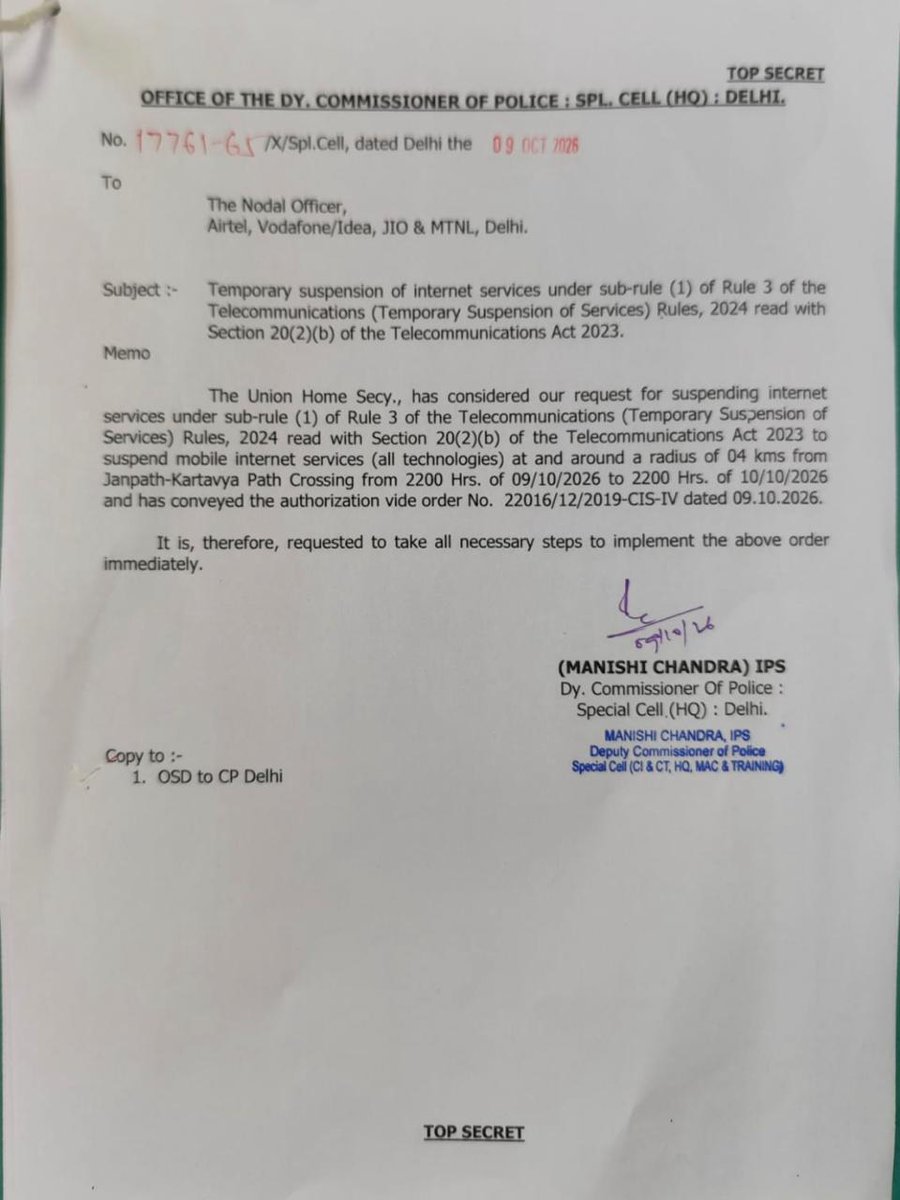 sansad_tv's tweet photo. Internet services suspended within a 4-km radius in New Delhi. The Ministry of Home Affairs has approved the temporary suspension of internet services. Internet services will remain suspended within a 4-kilometer radius around the Janpath–Kartavya Path crossing. Services will remain suspended from 10 PM on October 9 to 10 PM on October 10. 

Instructions have been issued to suspend all forms of mobile internet technology.

@HMOIndia