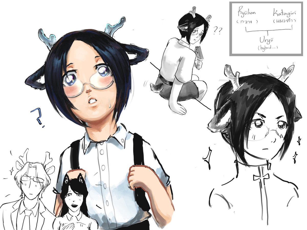 Gunnerlizm's tweet photo. ☔️ as kemonomimi (deer+black cat) // he mostly got Ryuken’s animal traits, but the shape of his ear resembles a cat instead of a deer (like his mother)

while his whole hair+eyes color is from his mother 

Just a thought I had in the morning…. It’s adorable https://t.co/QbgajoU0K7