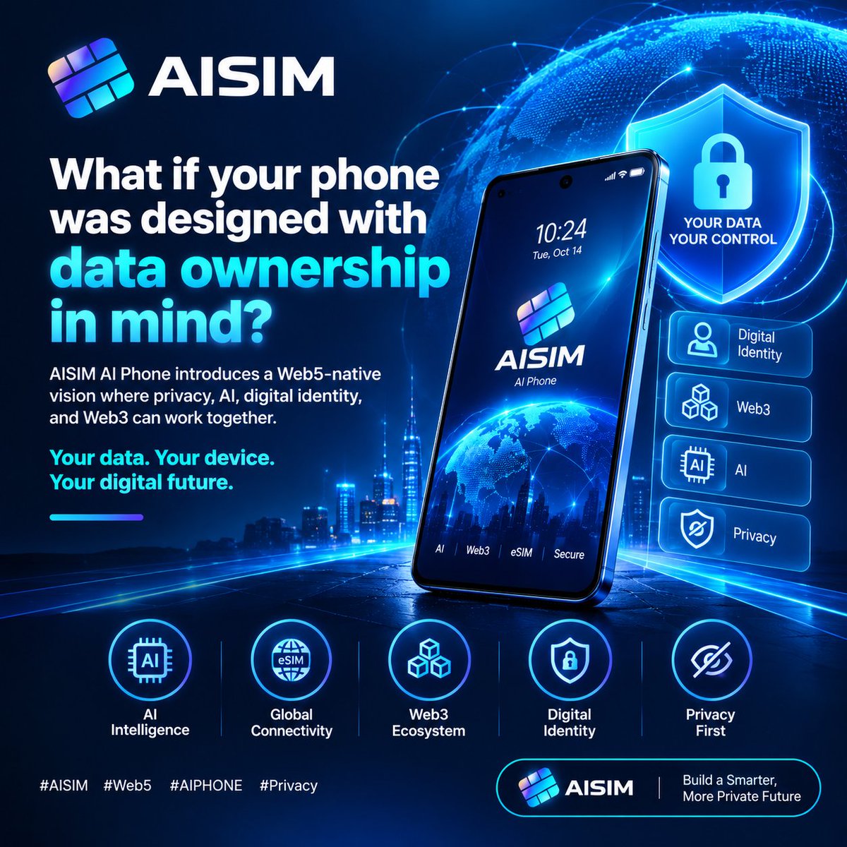 Khalifampya's tweet photo. 🔐 What if your phone was designed with data ownership in mind?

AISIM AI Phone introduces a Web5-native vision where privacy, AI, digital identity, and Web3 can work together.

Your data. Your device. Your digital future.

#AISIM #Web5 #AIPHONE #Privacy https://t.co/L7DQ0teUp3