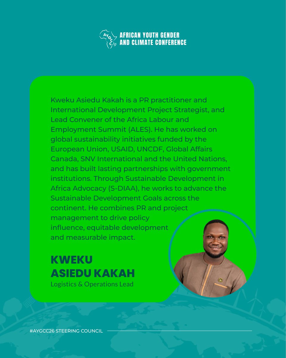 aygccofficial's tweet photo. Meet Kweku Asiedu Kakah, Logistics & Operations Lead for #AYGCC26.
His experience in project strategy, communications and stakeholder engagement supports the work of turning our conference vision into reality.
#FromPromisesToPower #COP31 #YouthLeadership https://t.co/mkBvXu0B5B