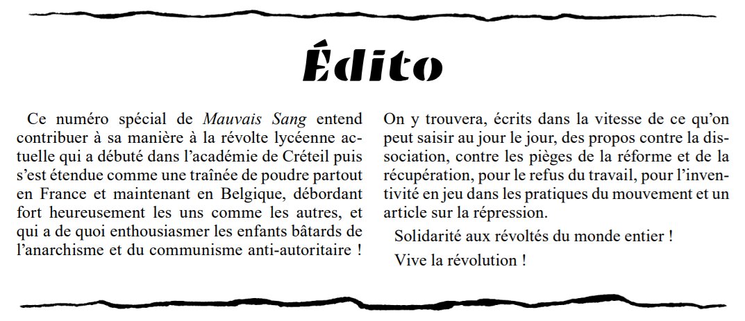 MauvaisSang9's tweet photo. Le Mauvais Sang n° 14  - Spécial mouvement lycéen - est sorti !

Rédigé avec ce qui a pu être saisi au jour le jour, quelques réflexions sur le mouvement, sa nature, ses pratiques, et ses perspectives !

Vive la révolte lycéenne, vive la révolution ! 🩸🔥

https://t.co/y1KzzG1qkW https://t.co/WcOlltyO73
