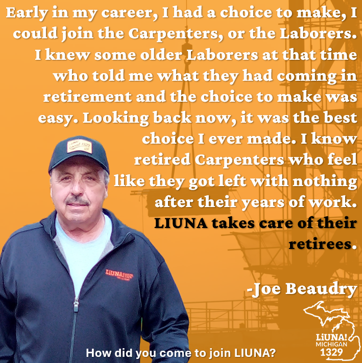 MiLaborers's tweet photo. Our FINAL #LaborersForLife Tribute Week feature is Laborers Union 1329 retiree, Joe Beaudry! Joe shared with us how he made the opportunity to join LIUNA over becoming a Carpenter and never looking back, especially now seeing everything he earned from becoming a #Laborer. Further he stressed the importance of why he feels the need to stay involved, and encourages all members to do the same no matter what boundries may exsist.
#FeelThePower #LaborersRising #OurUnionStories