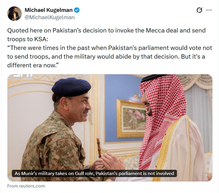 Markhorr313's tweet photo. اسپانسرڈ مہم اسی کو کہتے ہیں ۔ پاکستان سعودی عرب کے ساتھ دفاعی معاہدہ کرے، ترکی کے ساتھ عسکری تعاون بڑھائے، سعودی عرب میں اپنی فوج تعینات کرے یا خطے میں مشترکہ دفاعی حکمت عملی اختیار کرے، رائٹرز کو اس سے آخر کیا پریشانی ہے؟ 

پاکستان کی خارجہ اور دفاعی پالیسی کے فیصلے پاکستانی ریاست کے متعلقہ ادارے اپنے آئینی اختیارات کے تحت کرتے ہیں۔ سوال یہ ہے کہ رائٹرز کو پاکستان کے ہر دفاعی فیصلے کے پیچھے سازش کیوں تلاش کرنی پڑتی ہے؟

 کیا اسی شدت سے بھارت سے بھی سوال کیا جاتا ہے کہ اس نے مقبوضہ کشمیر میں اتنی بھاری فوجی نفری کیوں تعینات کر رکھی ہے؟ 

کشمیریوں کی آزادی ، پابندیوں اور بھارتی عسکری موجودگی پر سوالات کی اہمیت کیا پاکستان کے سعودی عرب سے دفاعی تعاون سے کم ہے؟ 

پاکستان جب  اپنے قومی مفاد اور سلامتی کے لیے اتحادی بناتا ہے تو یہ پاکستان کا خالص اندرونی معاملہ ہے ۔

پاکستان کی نیت پر سوال اٹھانے والوں کو دوسرے ممالک کی دفاعی پالیسیوں کا جائزہ بھی یکساں معیار سے لینا چاہیے۔