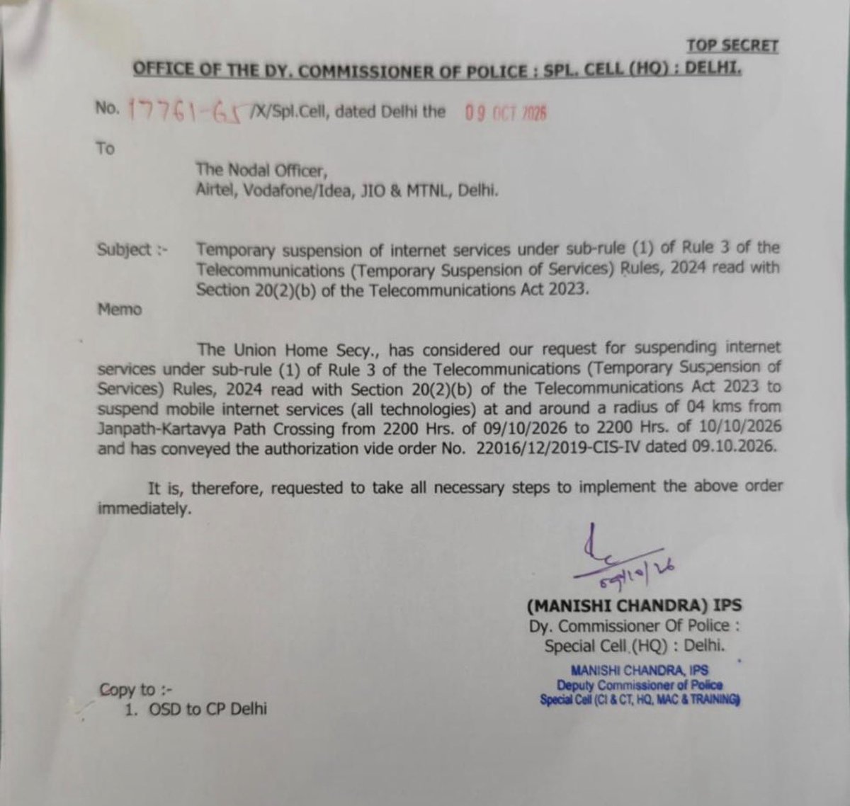 DrGauravGarg4's tweet photo. Ministry of home affairs has suspended 🛜 Internet services within a 4-km radius in around the Janpath–Kartavya Path crossing from 10 PM on October 9 to 10 PM on October 10. 

Instructions have been issued to suspend all forms of mobile internet technology. 

#DelhiProtest #Emergency